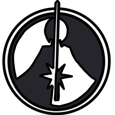 an emblem of the Dawn of the Jedi era of Star Wars. It's black and white and looks like a combination of a yin-yang symbol and a person holding a lightsaber.